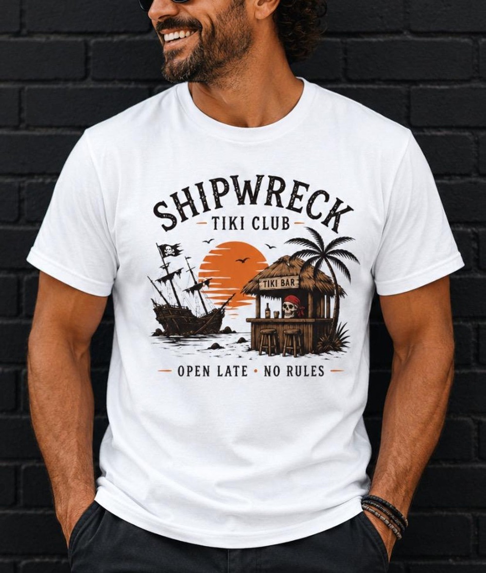 Shipwreck Tiki Club Shirt, Pirate Beach Shirt, Tropical Skeleton Tee, Funny